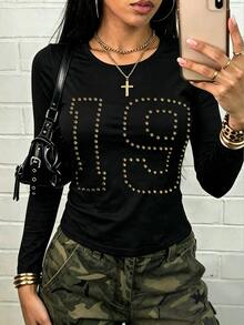 Lalippa Rhinestone Detail Long Sleeve Tee - Multicolor - View 5
