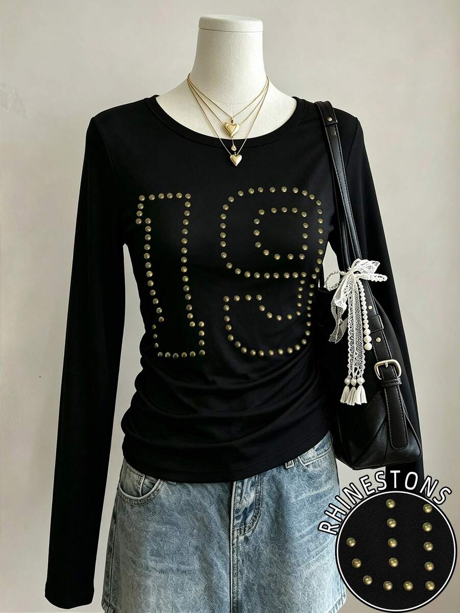 Lalippa Rhinestone Detail Long Sleeve Tee - Multicolor - View 1