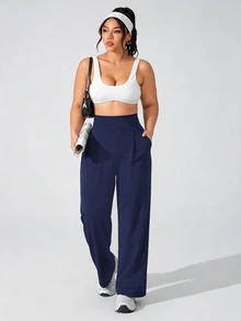 SHEIN Rhythm Era Women's Plus Size Solid Color High Waist Casual Versatile Daily Travel Sports Long Pants - Navy Blue - View 5