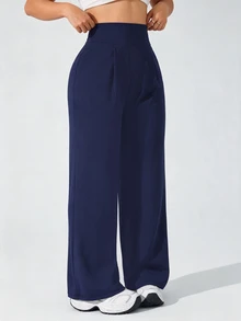 SHEIN Rhythm Era Women's Plus Size Solid Color High Waist Casual Versatile Daily Travel Sports Long Pants - Navy Blue - View 4