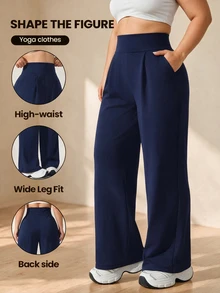 SHEIN Rhythm Era Women's Plus Size Solid Color High Waist Casual Versatile Daily Travel Sports Long Pants - Navy Blue - View 1
