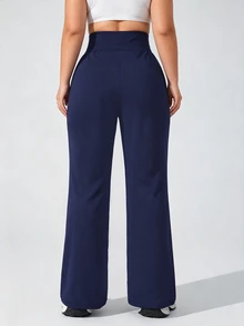 SHEIN Rhythm Era Women's Plus Size Solid Color High Waist Casual Versatile Daily Travel Sports Long Pants - Navy Blue - View 2