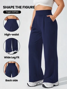 SHEIN Rhythm Era Women's Plus Size Solid Color High Waist Casual Versatile Daily Travel Sports Long Pants - Navy Blue - View 3
