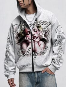 ROMWE MEN Street Life Men's Angel Letter Print Hoodie - Multicolor - View 2