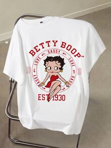 Betty Boop x SHEIN Plus Size Women's Letter Cartoon Print Round Neck Short Sleeve Casual T-Shirt - White - View 1