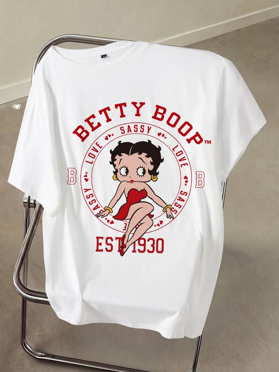 Betty Boop x SHEIN Plus Size Women's Letter Cartoon Print Round Neck Short Sleeve Casual T-Shirt - White - View 1