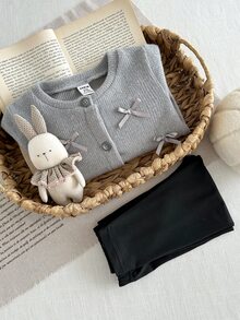 SHEIN Elladie kids 女婴新生儿0-3岁秋冬季时尚针织毛绒罗纹蝴蝶结开衫外套+打底裤两件套 - 灰色 - 查看 9