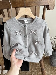 SHEIN Elladie kids 女婴新生儿0-3岁秋冬季时尚针织毛绒罗纹蝴蝶结开衫外套+打底裤两件套 - 灰色 - 查看 5