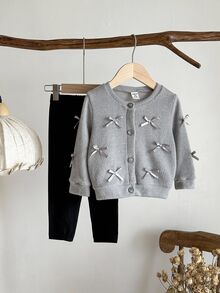 SHEIN Elladie kids 女婴新生儿0-3岁秋冬季时尚针织毛绒罗纹蝴蝶结开衫外套+打底裤两件套 - 灰色 - 查看 7