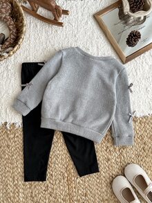 SHEIN Elladie kids 女婴新生儿0-3岁秋冬季时尚针织毛绒罗纹蝴蝶结开衫外套+打底裤两件套 - 灰色 - 查看 2