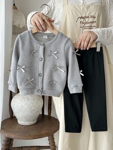 SHEIN Elladie kids 女婴新生儿0-3岁秋冬季时尚针织毛绒罗纹蝴蝶结开衫外套+打底裤两件套 - 灰色 - 查看 4