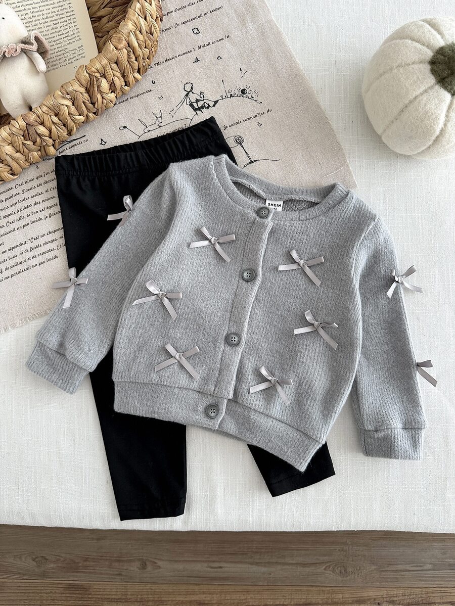 SHEIN Elladie kids 女婴新生儿0-3岁秋冬季时尚针织毛绒罗纹蝴蝶结开衫外套+打底裤两件套 - 灰色 - 查看 1
