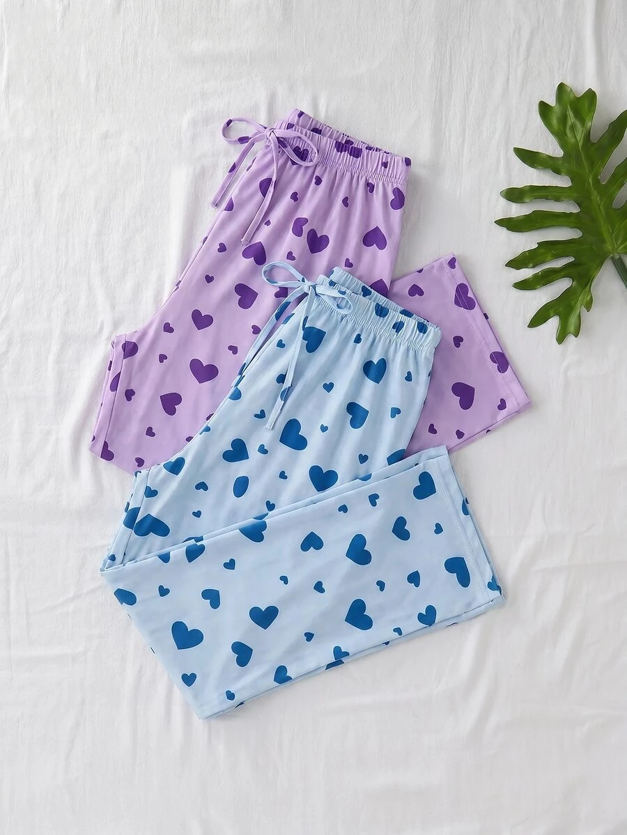 SHEIN Cottnline Cotton Women 2 Pcs Blue&Purple Fake Drawstring Striped With Heart Pattern Homewear Comfort