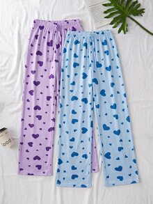 SHEIN Cottnline Cotton Women 2 Pcs Blue&Purple Fake Drawstring Striped With Heart Pattern Homewear Comfort - Multicolor - View 3