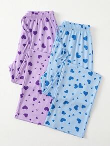 SHEIN Cottnline Cotton Women 2 Pcs Blue&Purple Fake Drawstring Striped With Heart Pattern Homewear Comfort - Multicolor - View 5