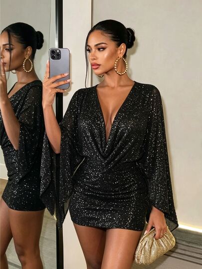BamGleam Women's V-Neck Shiny Fashion Date Night Party Dress Halloween Black And Silver Winter Sexy Elegant