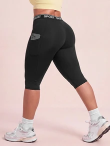 SHEIN Rhythm Era Women's Plus Size Letter Print Casual Daily Travel Sports Leggings - Black - View 2