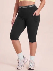 SHEIN Rhythm Era Women's Plus Size Letter Print Casual Daily Travel Sports Leggings - Black - View 5