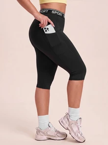 SHEIN Rhythm Era Women's Plus Size Letter Print Casual Daily Travel Sports Leggings - Black - View 3