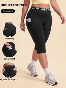 SHEIN Rhythm Era Women's Plus Size Letter Print Casual Daily Travel Sports Leggings - Black - View 1