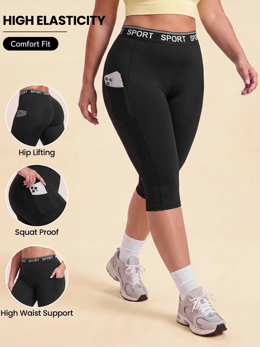 SHEIN Rhythm Era Women's Plus Size Letter Print Casual Daily Travel Sports Leggings - Black - View 1