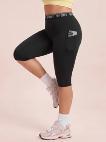 SHEIN Rhythm Era Women's Plus Size Letter Print Casual Daily Travel Sports Leggings - Black - View 4
