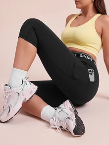 SHEIN Rhythm Era Women's Plus Size Letter Print Casual Daily Travel Sports Leggings - Black - View 6