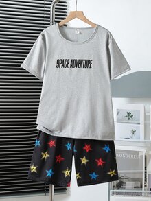 6件套青少年男童简约时尚黑色、灰色、蓝色字母印花短袖T恤和短裤睡衣套装 - 彩色 - 查看 10
