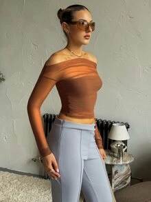 hollyjadebate Women's Elastic Mesh Sheer Off Shoulder Top, Spring/Summer Long Sleeve Women Tops - Brown - View 1