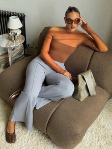 hollyjadebate Women's Elastic Mesh Sheer Off Shoulder Top, Spring/Summer Long Sleeve Women Tops - Brown - View 4