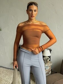 hollyjadebate Women's Elastic Mesh Sheer Off Shoulder Top, Spring/Summer Long Sleeve Women Tops - Brown - View 6