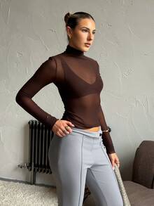 hollyjadebate 2026春夏新款女款高領分層透視貼身長袖針織上衣，適用於都市通勤、商務休閒、派對、婚禮賓客、度假海灘穿搭 - 棕色 - 查看 4