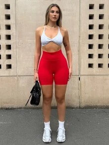 hollyjadebate Women's Solid Color High Waist Casual Fitness Shorts - Red - View 3