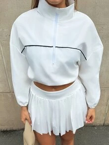 hollyjadebate Women Loose Fit Zip-Up Sweatshirt,Black White Color Block Design,Long Sleeve,Drawstring Hem For Fall Winter,Athleisure,Gym,Yoga,Running,Tennis,Golf - White - View 6