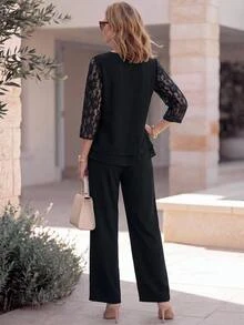 EMERY ROSE Elegant Contrast Lace 3/4 Sleeve Top And Pants Set For Middle-Aged And Elderly Women - Black - View 2