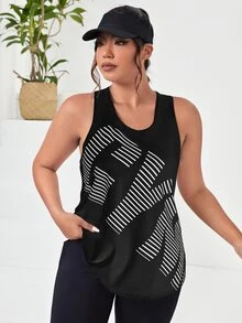 SHEIN Rhythm Era Plus Letter & Striped Print Sports Tank Top - Black - View 6