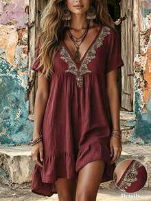 Zayélia 女款V領短袖波希米亞風優雅復古寬鬆藝術感休閒荷葉邊洋裝 - 深紅色 - 查看 1