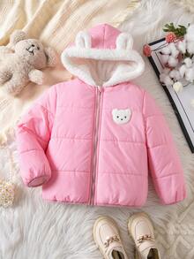 SHEIN 女童編織素色泰迪熊拼接人造毛連帽休閒加厚外套 - 彩色 - 查看 5