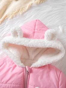 SHEIN 女童編織素色泰迪熊拼接人造毛連帽休閒加厚外套 - 彩色 - 查看 7