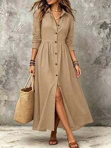 Linhara CURVE Plus Size Woven Elegant Summer Long Dress Fall - Khaki - View 1