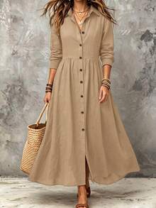 Linhara CURVE Plus Size Woven Elegant Summer Long Dress Fall - Khaki - View 4