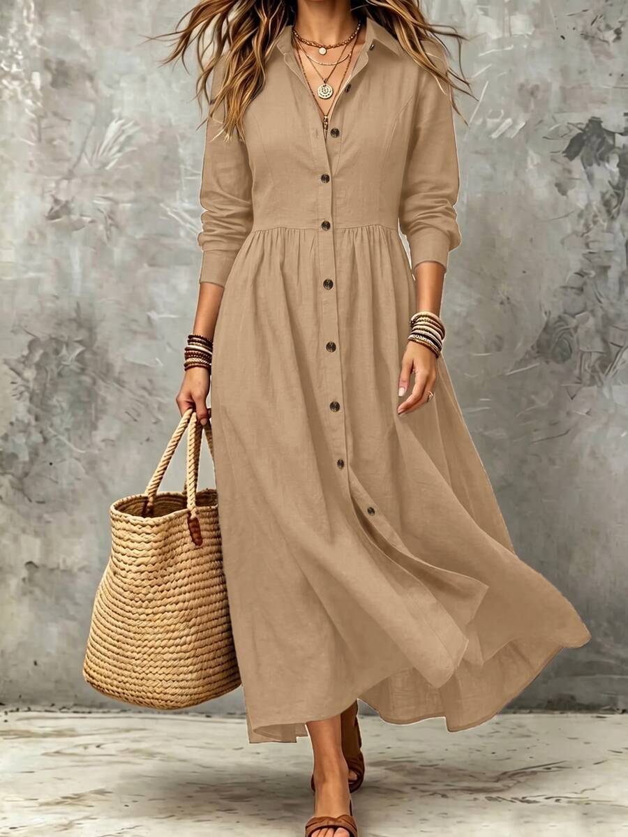 Linhara CURVE Plus Size Woven Elegant Summer Long Dress Fall - Khaki - View 1