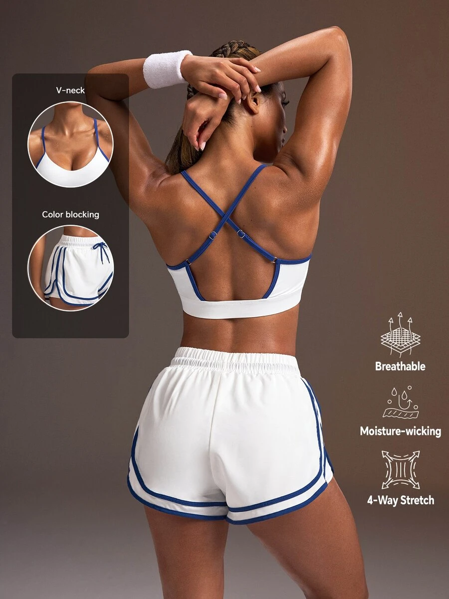 Powerista Women's Summer And Spring White And Navy Blue Activewear Two Piece Set Spaghetti Straps Cross Back High Support Sports Bra And Elastic Waist Shorts