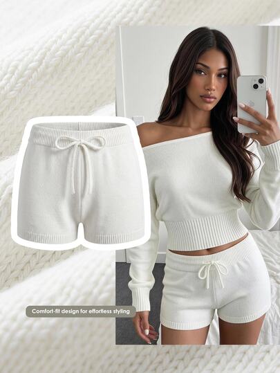Comfortcana Autumn 2026 Casual Basic Y2K Halloween Festival School Lounge Going Out Knit Shorts White