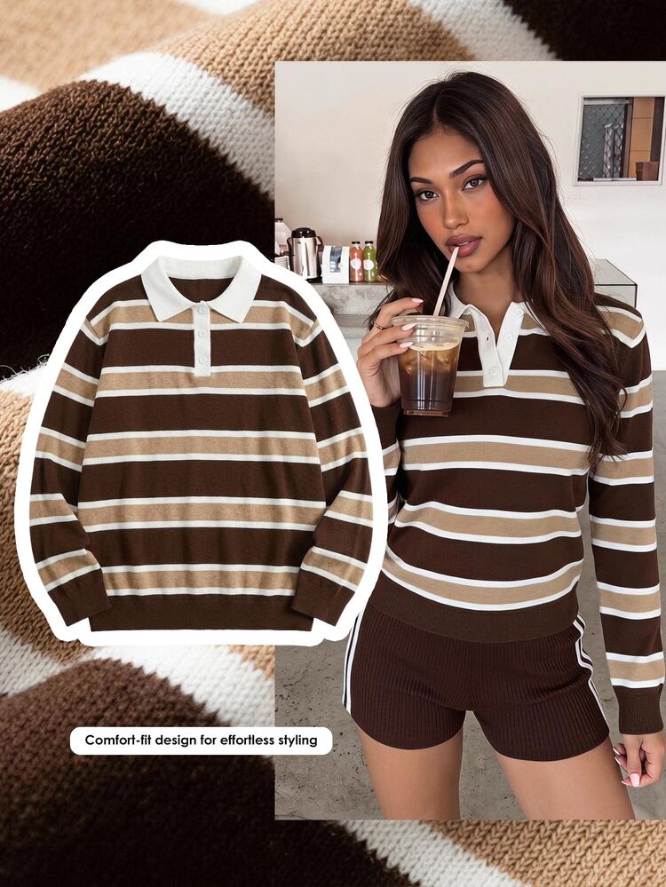 Comfortcana Women's Casual Brown Colorblock Striped Women Fall Winter Sweater Casual Halloween Back To School Button Up Polo Sweater - Multicolor - View 3