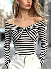 Balvessa Women's Striped Colorblock Off-Shoulder Casual Everyday T-Shirt - Black and White - View 7