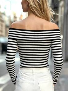 Balvessa Women's Striped Colorblock Off-Shoulder Casual Everyday T-Shirt - Black and White - View 2