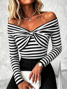 Balvessa Women's Striped Colorblock Off-Shoulder Casual Everyday T-Shirt - Black and White - View 1