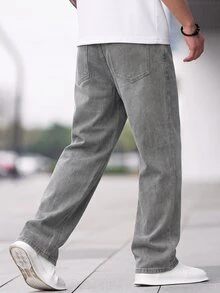 SHEIN 青少年男孩時尚休閒秋冬灰色羊毛保暖寬鬆牛仔褲 - 灰色 - 查看 2