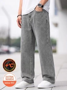 SHEIN 青少年男孩時尚休閒秋冬灰色羊毛保暖寬鬆牛仔褲 - 灰色 - 查看 1